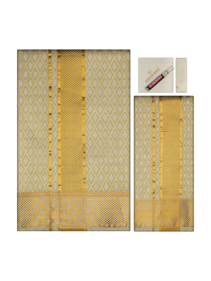Men's Premium Art Silk Fawn Shirt Bit with 2 1/2" Gold Jari Border Dhoti Towel Combo Sweden