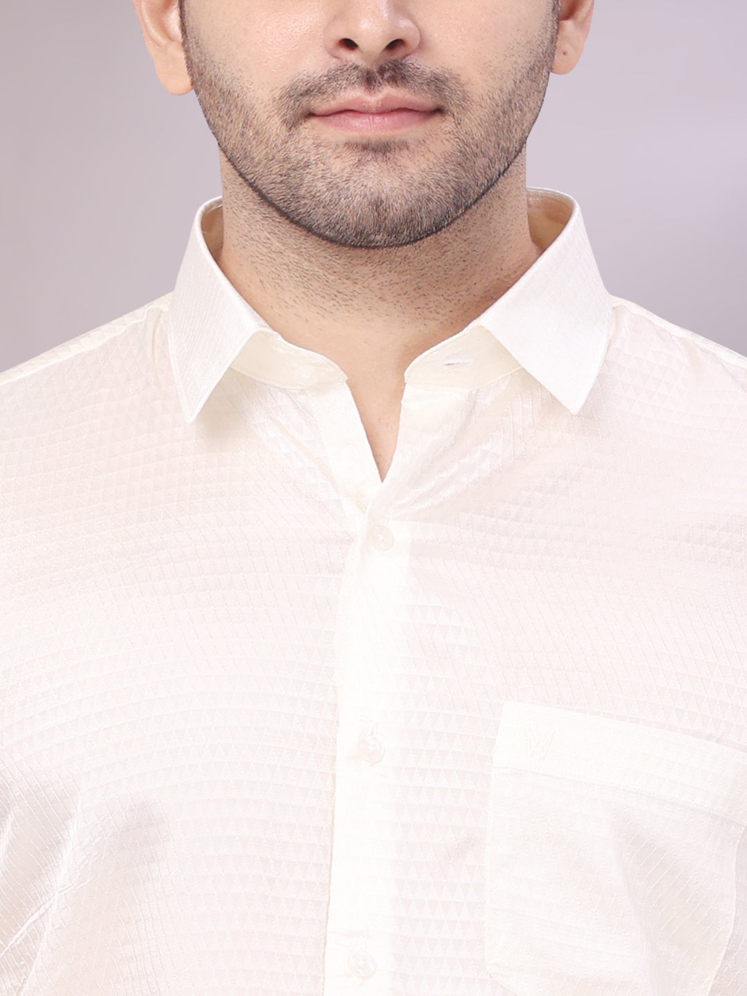 Mens Art Silk Cream Jacquard Full Sleeves Shirt with 2 1/2" Jari Border & Towel Dhoti Combo Nautica