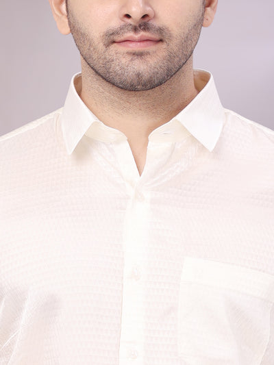 Mens Art Silk Cream Jacquard Full Sleeves Shirt with 2 1/2" Jari Border & Towel Dhoti Combo Nautica