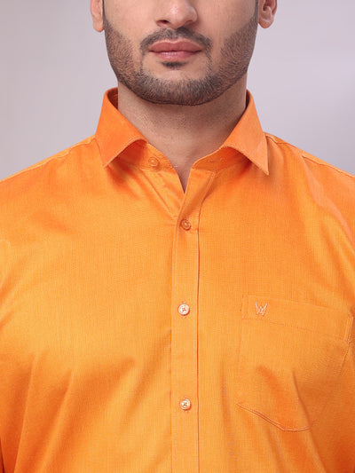 Mens Cotton Orange Shirt and Airtex Matching Border Dhoti Combo Nector