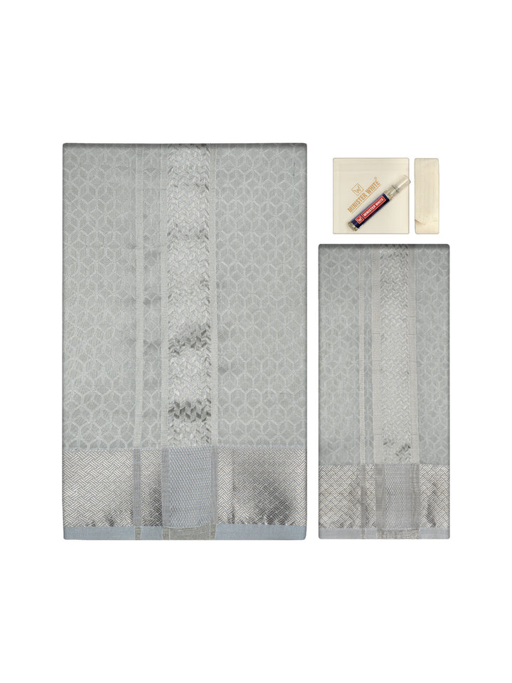 Men's Premium Art Silk Half White Shirt Bit with 2 1/2" Silver Jari Border Dhoti Towel Combo Sweden