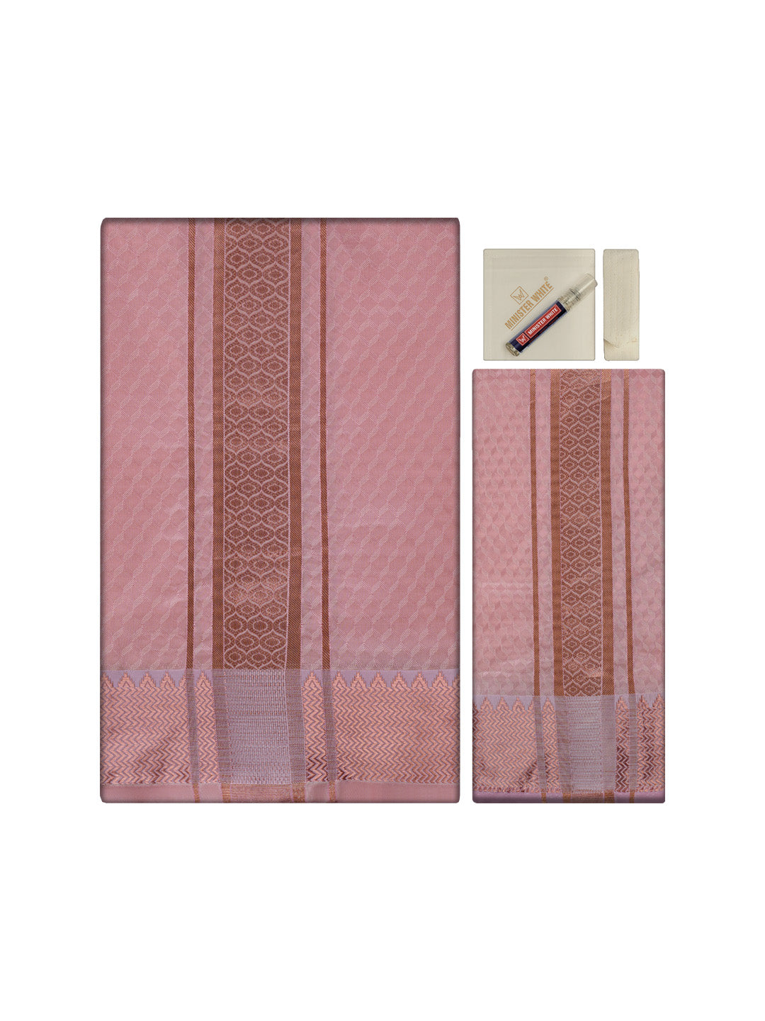 Men's Premium Art Silk Pink Shirt Bit with 2 1/2" Copper Jari Border Dhoti Combo Sieger