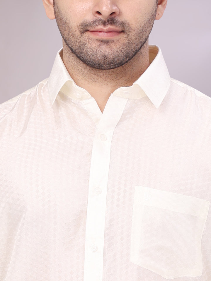 Mens Art Silk Cream Jacquard Full Sleeves Shirt with 2 1/2" Copper Jari Border Dhoti Combo Nautica