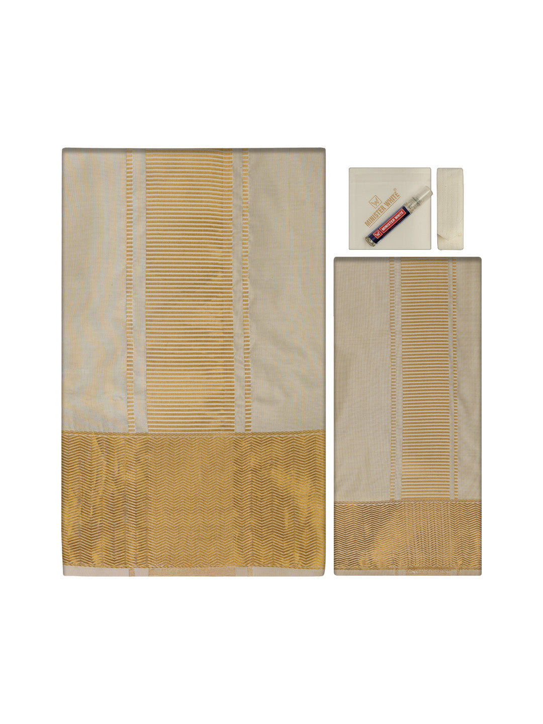 Men's Art Silk Medium Gold Jacquard Full Sleeves Shirt with 4" Gold Jari Border & Towel Dhoti Combo Mangal
