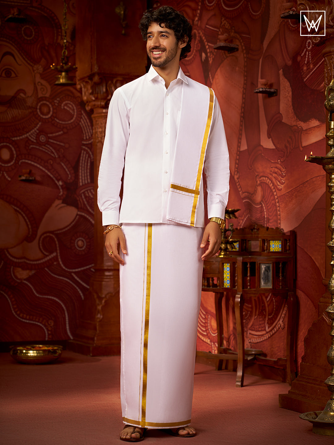 Men's Pure Cotton White Wedding Shirt Dhoti Towel Belt Combo - Subharaagam by Minister White