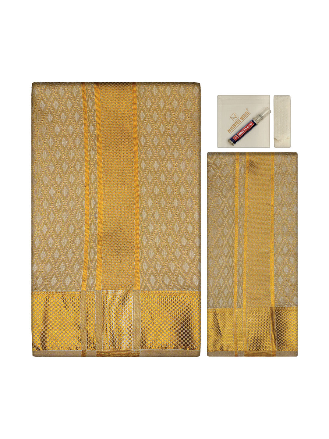 Men's Premium Art Silk Gold Shirt Bit with 2 1/2" Gold Jari Border Dhoti Combo Sweden