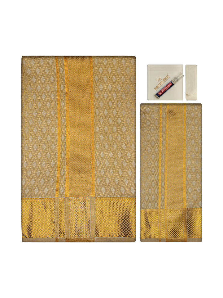 Men's Premium Art Silk Gold Shirt Bit with 2 1/2" Gold Jari Border Dhoti Combo Sweden