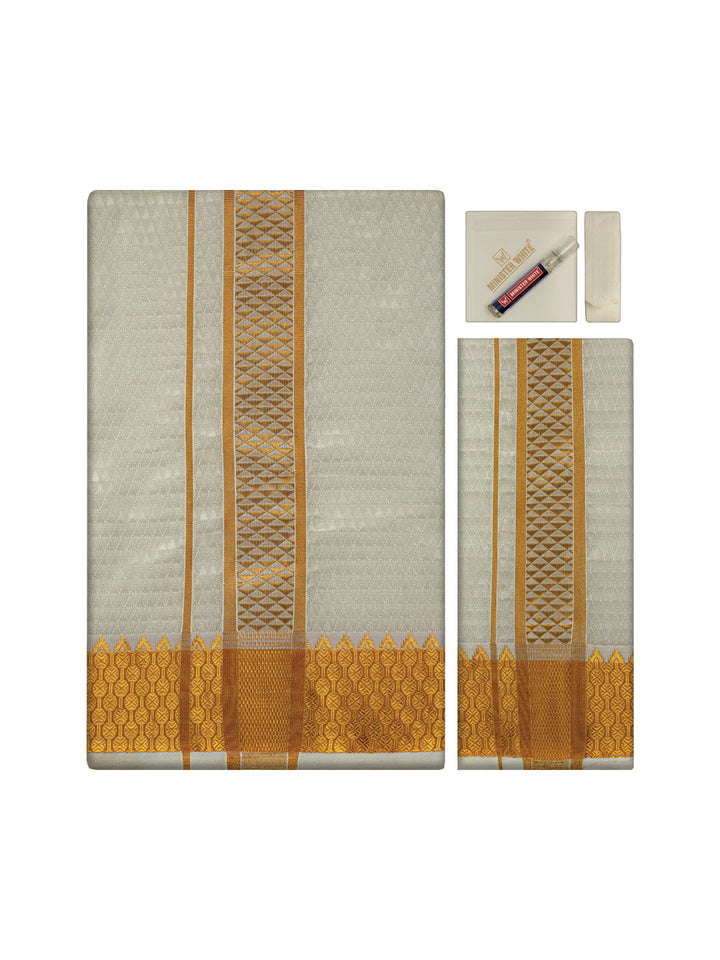Men's Premium Art Silk Cream Shirt Bit with 2 1/2" Gold Jari Border Dhoti Towel Combo Sieger