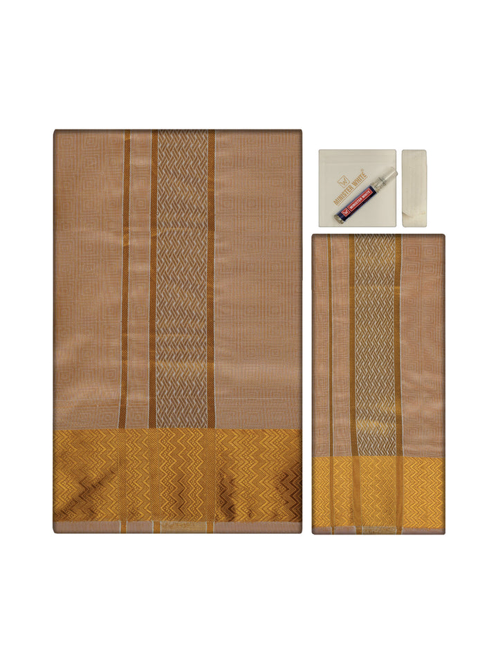Men's Premium Art Silk Biscuit Shirt Bit with 2 1/2" Gold Jari Border Dhoti Towel Combo Sieger
