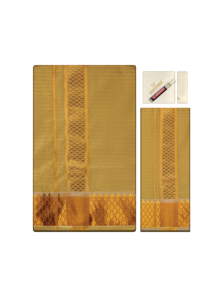 Men's Premium Art Silk Mango Shirt Bit with 2 1/2" Gold Jari Border Dhoti Towel Combo Sieger