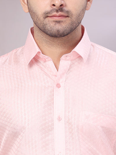 Men's Art Silk Pink Jacquard Full Sleeves Shirt with 2 1/2" Jari Border & Towel Dhoti Combo Nautica