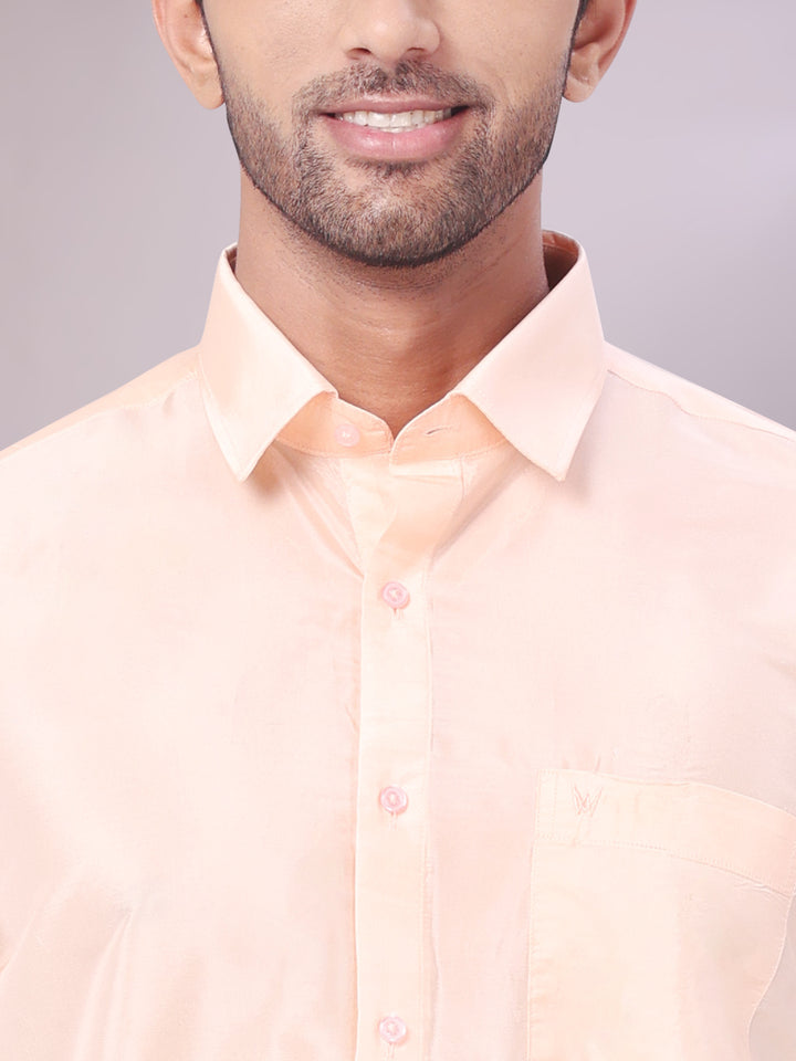 Mens Art Silk Light Peach Full Sleeves Shirt with Gold Jari Border Dhoti & Towel Combo Blush