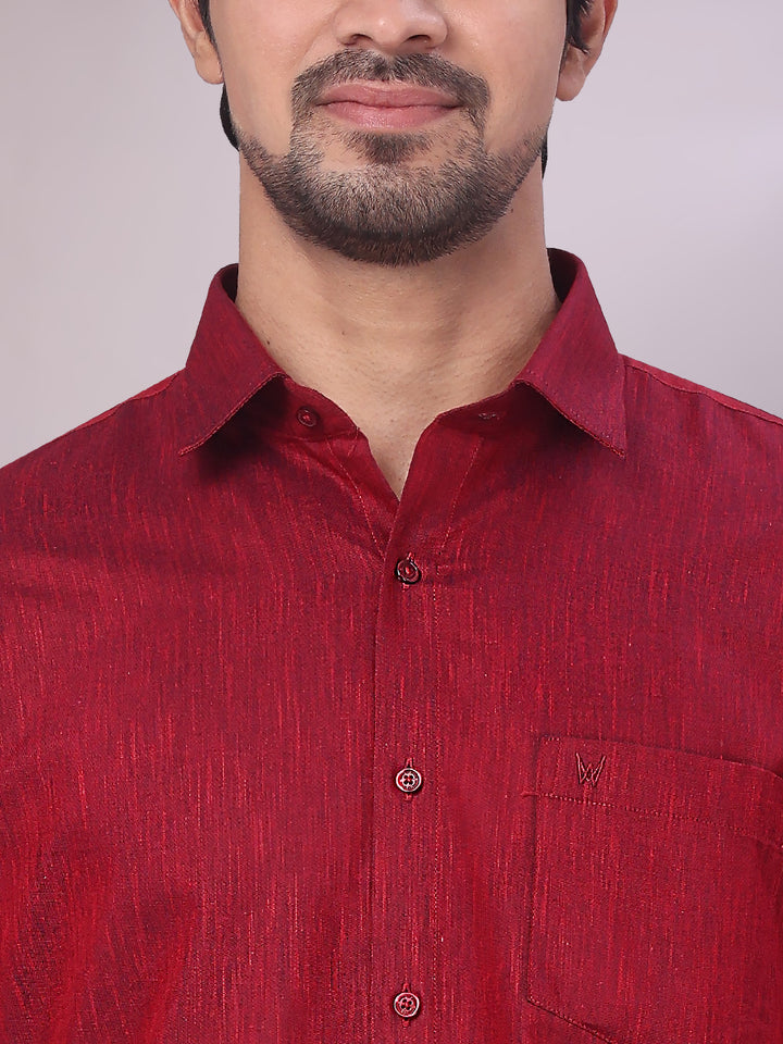 Men's Maroon Color Cotton Shirt close view 