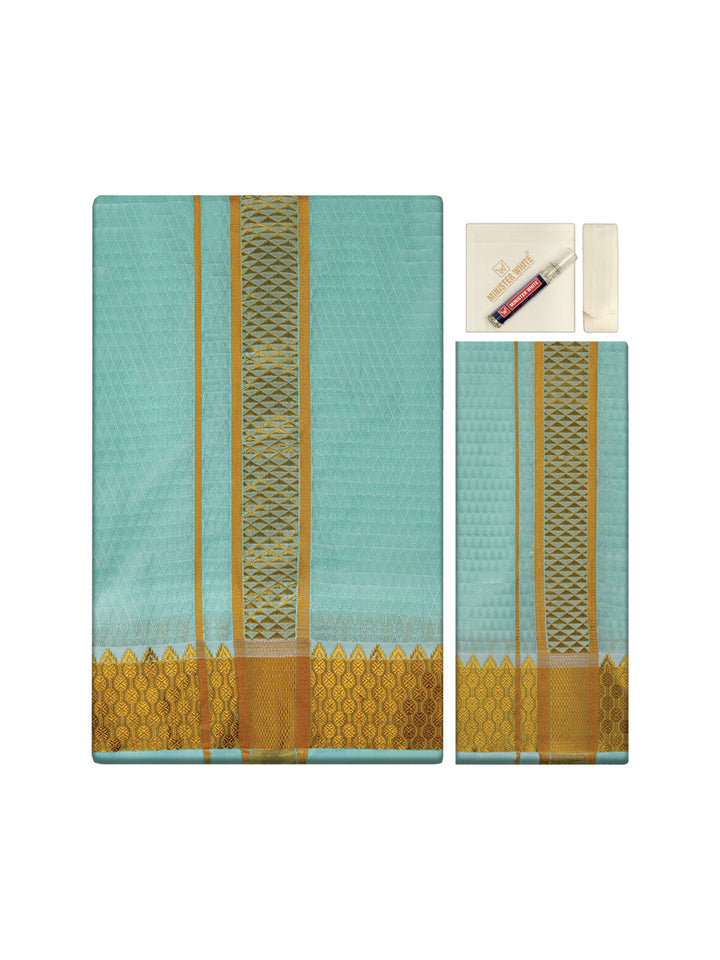 Men's Premium Art Silk Mint Shirt Bit with 2 1/2" Gold Jari Border Dhoti Towel Combo Sieger
