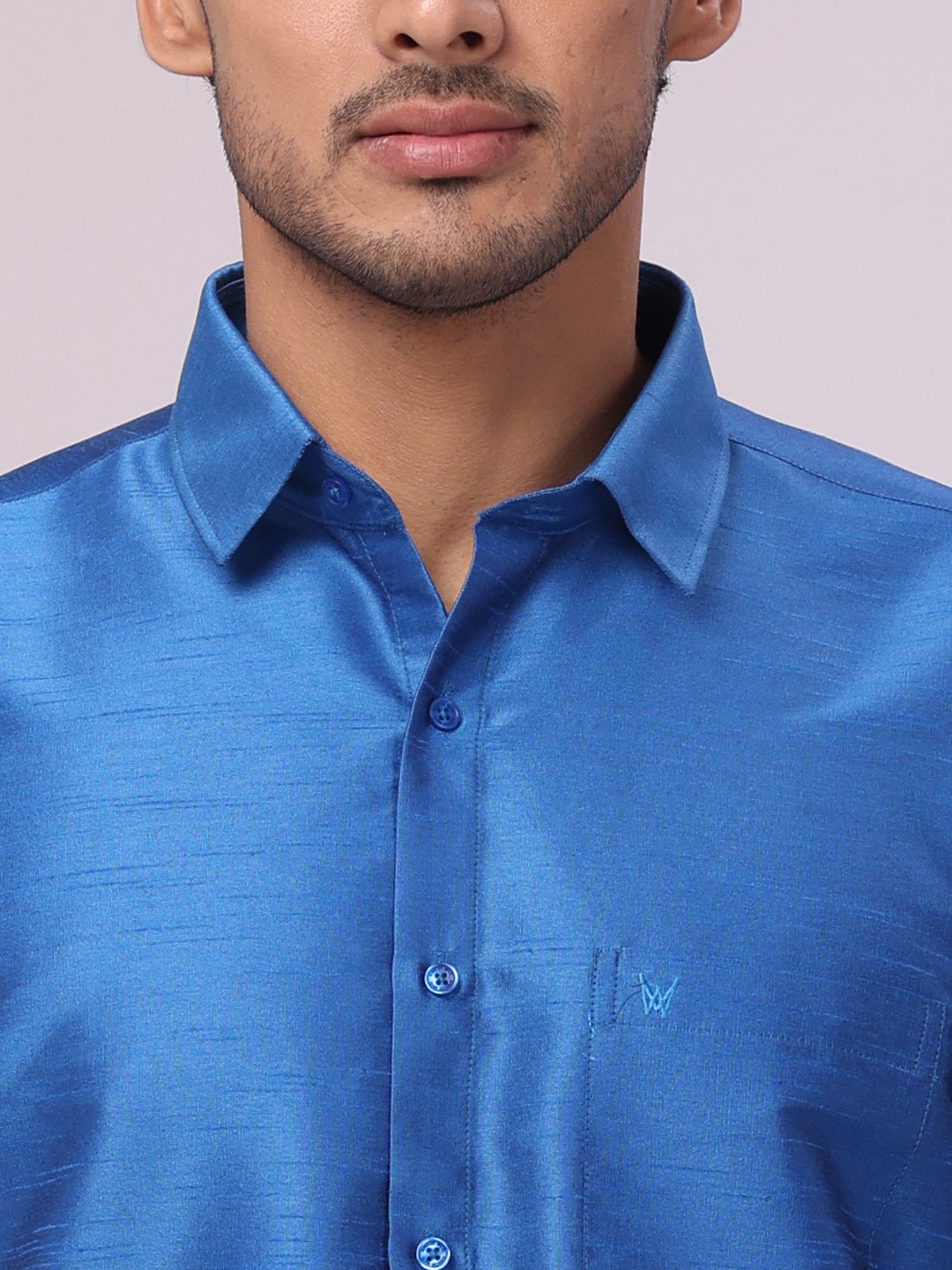 Men's Sky Blue Dupion Satin Color Shirt Gora close view 