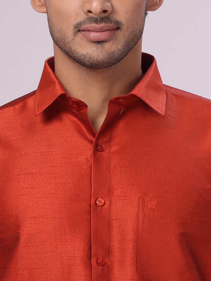 Men's Brick Red Dupion Satin Color Shirt with Matching Border Flexi Dhoti Combo Gora Flexi