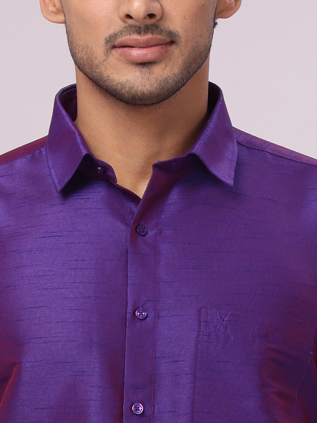 Men's Violet Dupion Satin Color Shirt with Matching Border Flexi Dhoti Combo Gora Flexi close view