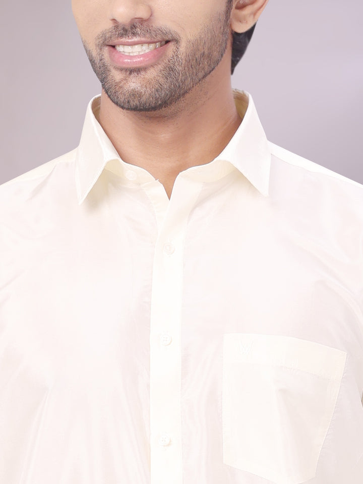 Mens Art Silk Cream Full Sleeves Shirt with 100K Gold Jari Border Flexi Dhoti & Towel Combo Blush