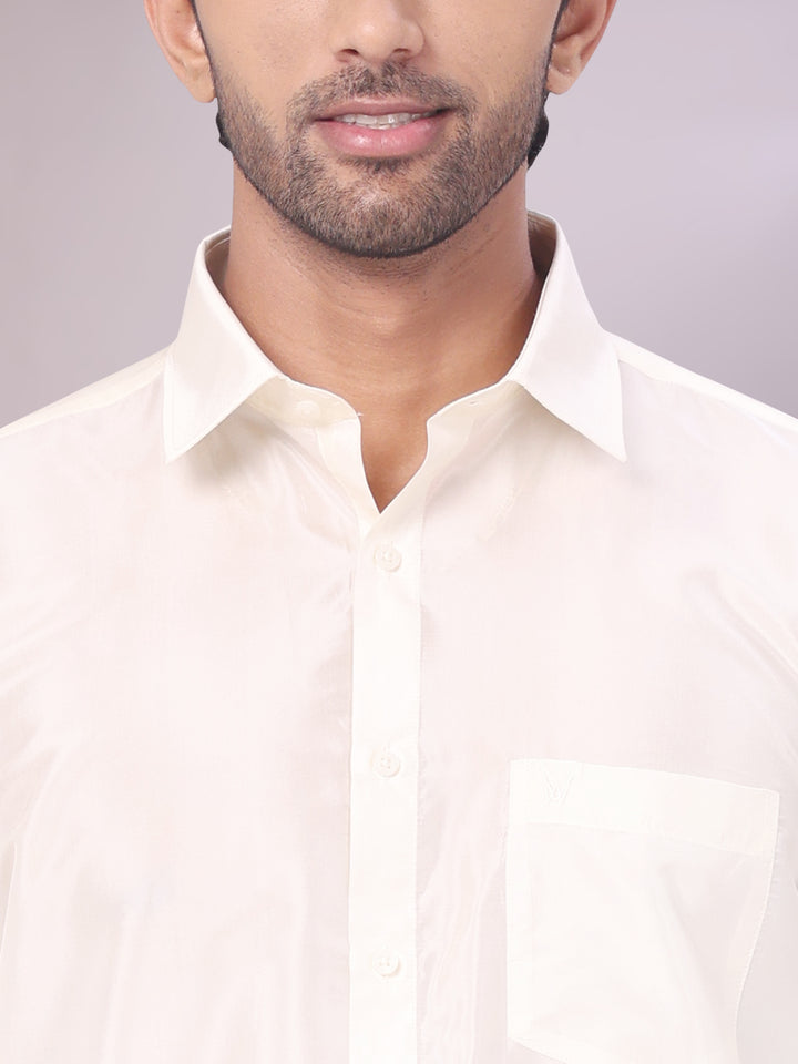 Mens Art Silk Cream Full Sleeves Shirt with 70K Gold Jari Border Dhoti & Towel Combo Blush