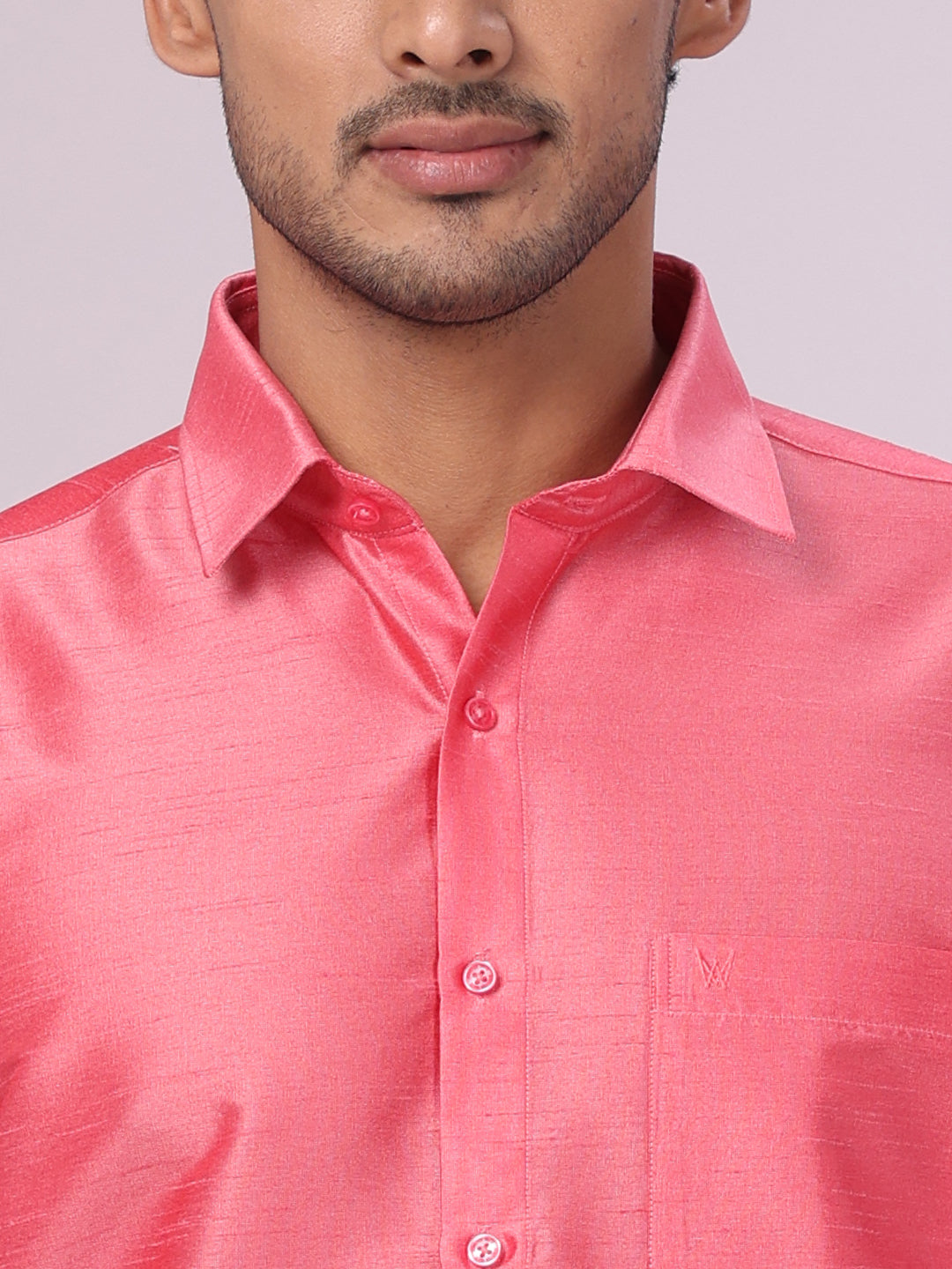 Men's Coral Pink Dupion Satin Color Shirt Gora close view 