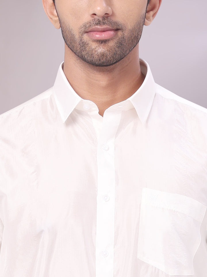 Mens Art Silk Half White Full Sleeves Shirt with Sliver Jari Border Flexi Dhoti & Towel Combo Blush