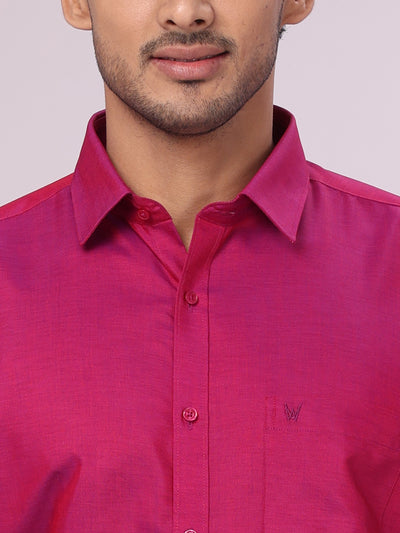 Father Magenta Color Cotton Shirt with Matching Border Tissue Dhoti Combo close view