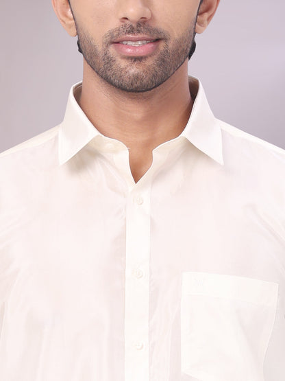Mens Art Silk Cream Full Sleeves Shirt with 50k Gold Jari Border Dhoti Combo Finesse