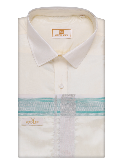 Men's Art Silk Cream Full Sleeves Shirt with Fancy Jari Border Flexi Dhoti Combo Finesse