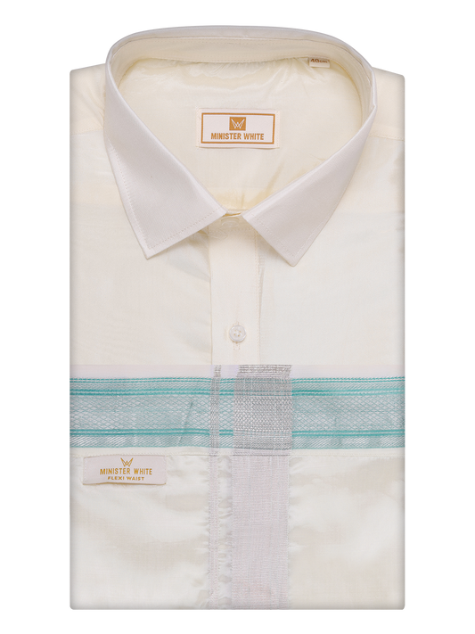 Men's Art Silk Cream Full Sleeves Shirt with Fancy Jari Border Flexi Dhoti Combo Finesse