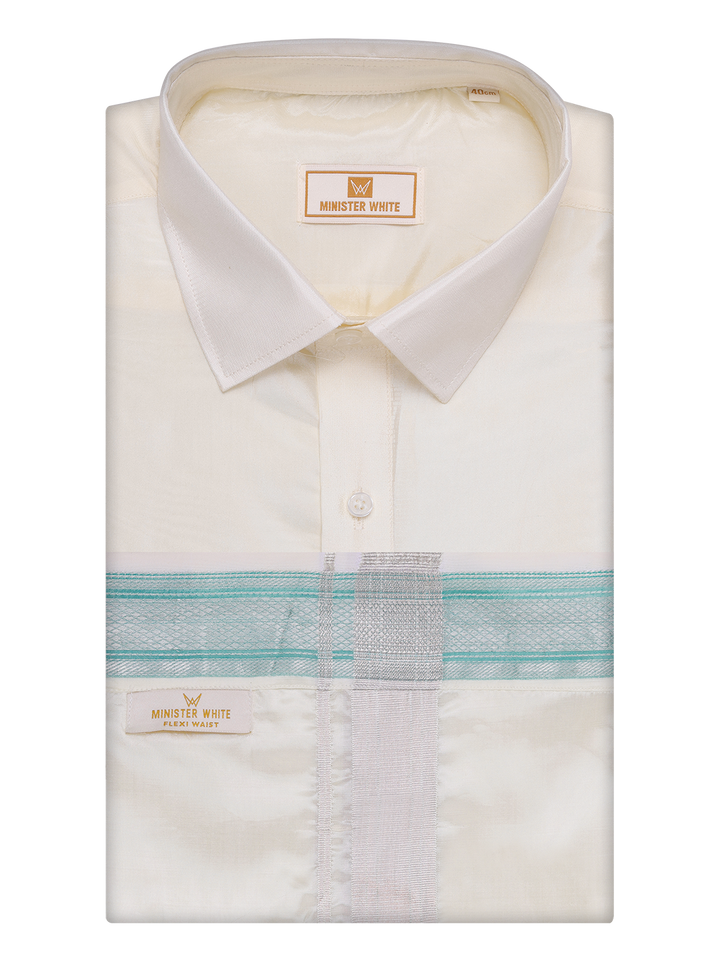 Men's Art Silk Cream Full Sleeves Shirt with Fancy Jari Border Flexi Dhoti Combo Finesse