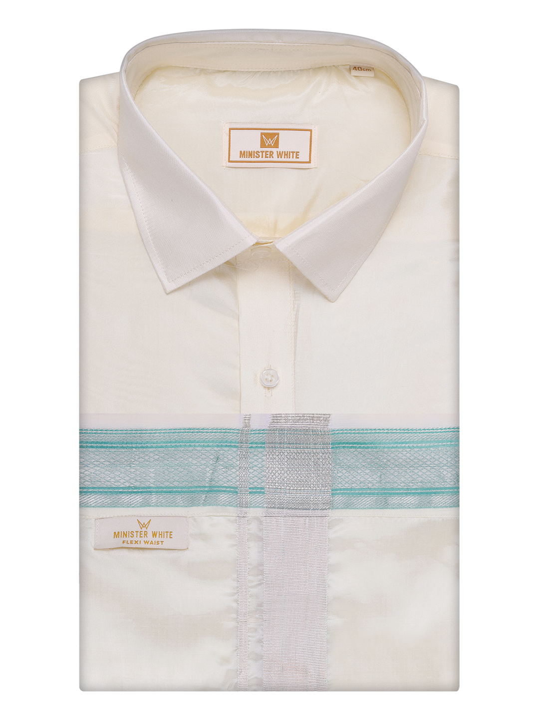 Mens Art Silk Cream Full Sleeves Shirt with Fancy Jari Border Flexi Dhoti Combo Finesse