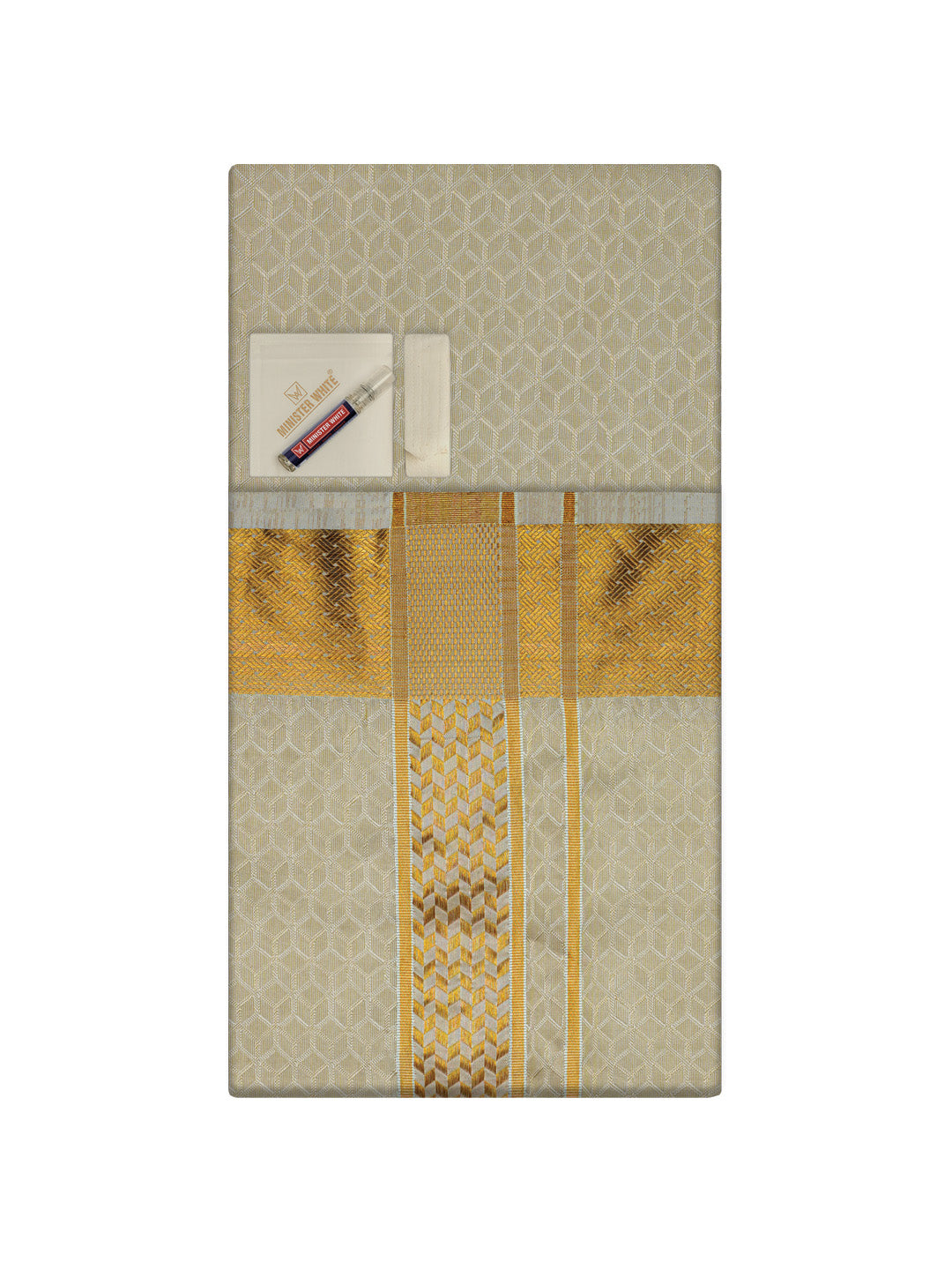 Men's Premium Art Silk Cream Shirt Bit with 2 1/2" Gold Jari Border Dhoti Towel Combo Sweden
