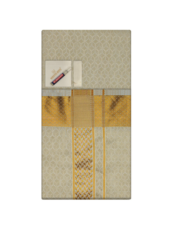 Men's Premium Art Silk Cream Shirt Bit with 2 1/2" Gold Jari Border Dhoti Towel Combo Sweden