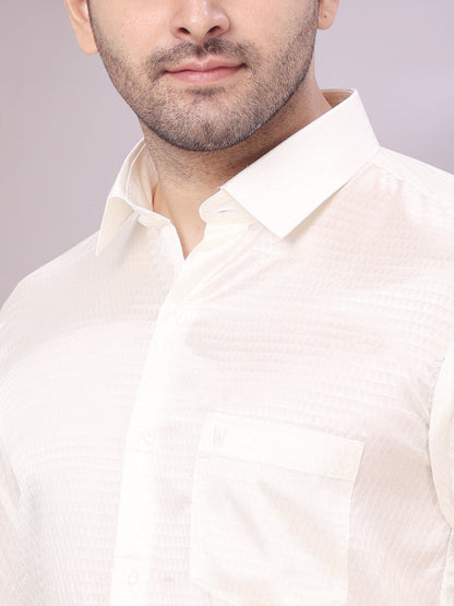 Mens Art Silk Cream Jacquard Full Sleeves Shirt with 2 1/2" Jari Border Dhoti Combo Nautica