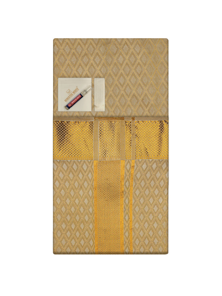 Men's Premium Art Silk Gold Shirt Bit with 2 1/2" Gold Jari Border Dhoti Combo Sweden