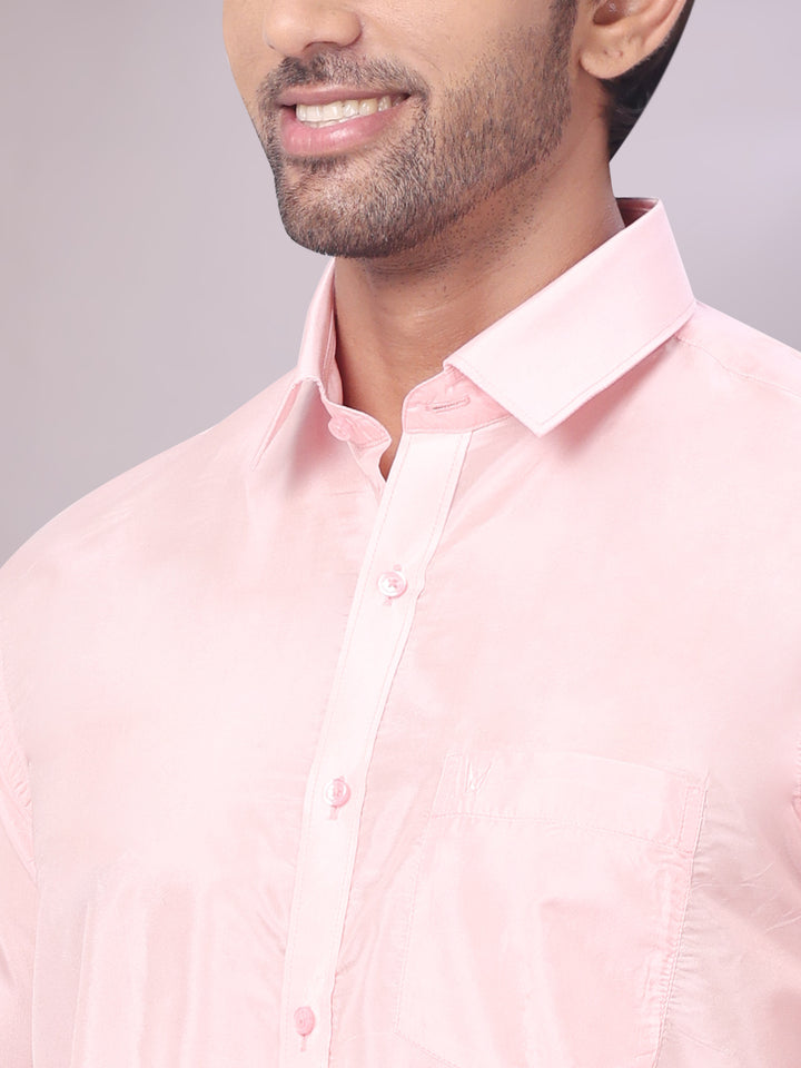 Mens Art Silk Pink Full Sleeves Shirt with Gold Jari Border Flexi Dhoti & Towel Combo Blush