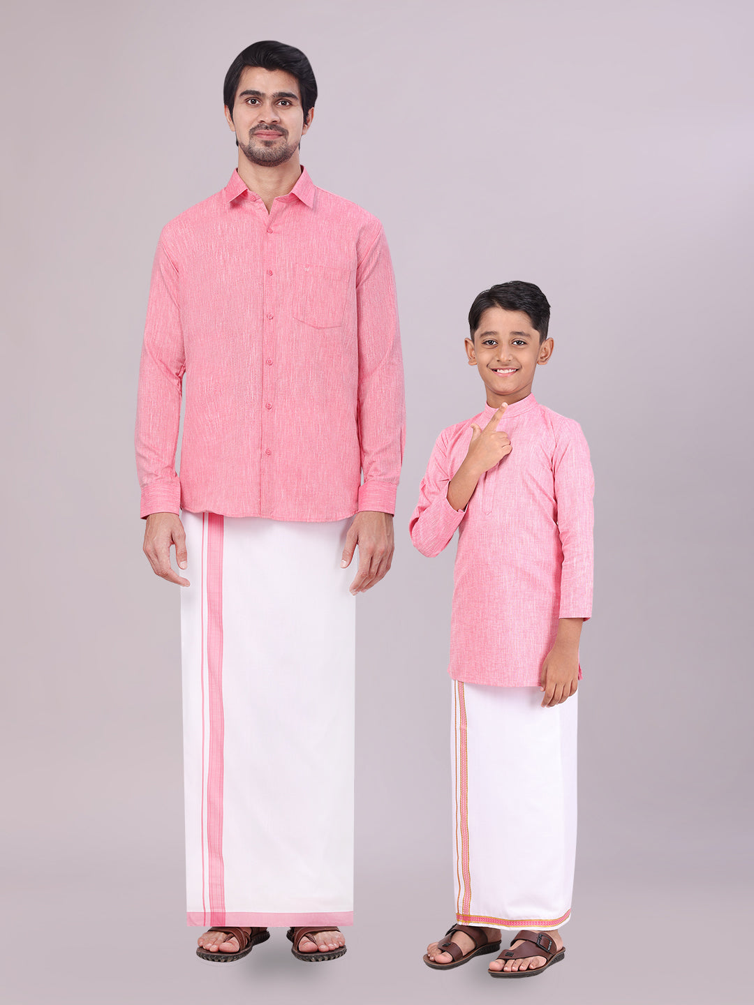 Father & Son Pink Men Shirt Dhoti Set with Kids Kurta Dhoti Set Combo