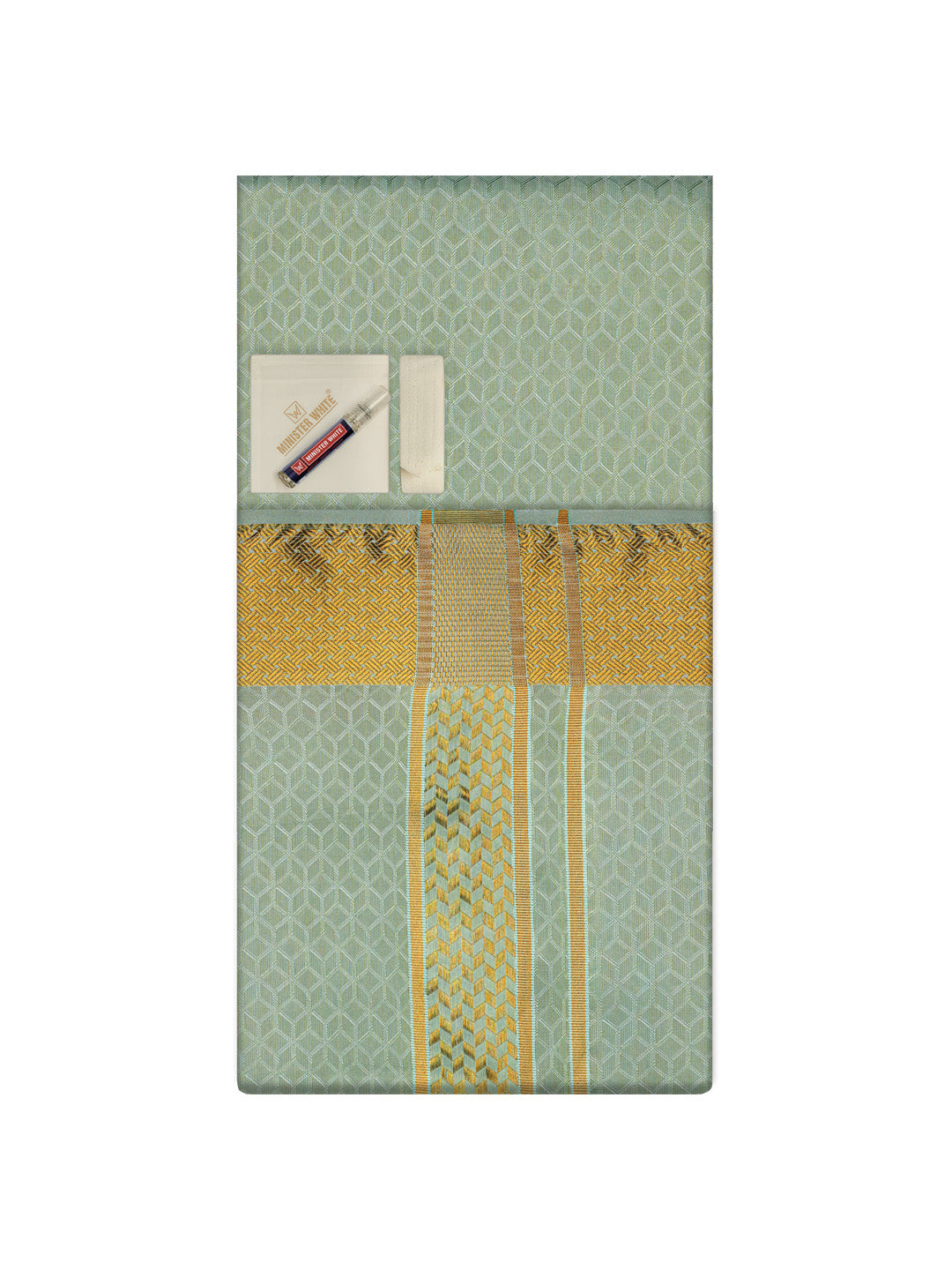 Men's Premium Art Silk Pista Green Shirt Bit with 2 1/2" Gold Jari Border Dhoti Combo Sweden