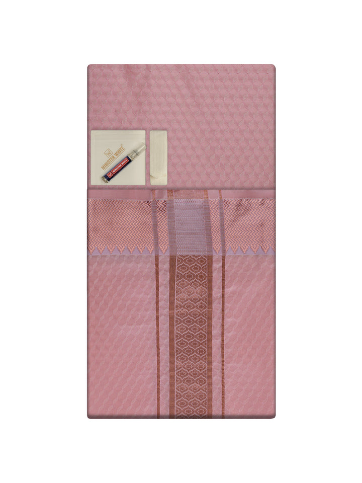 Men's Premium Art Silk Pink Shirt Bit with 2 1/2" Copper Jari Border Dhoti Combo Sieger