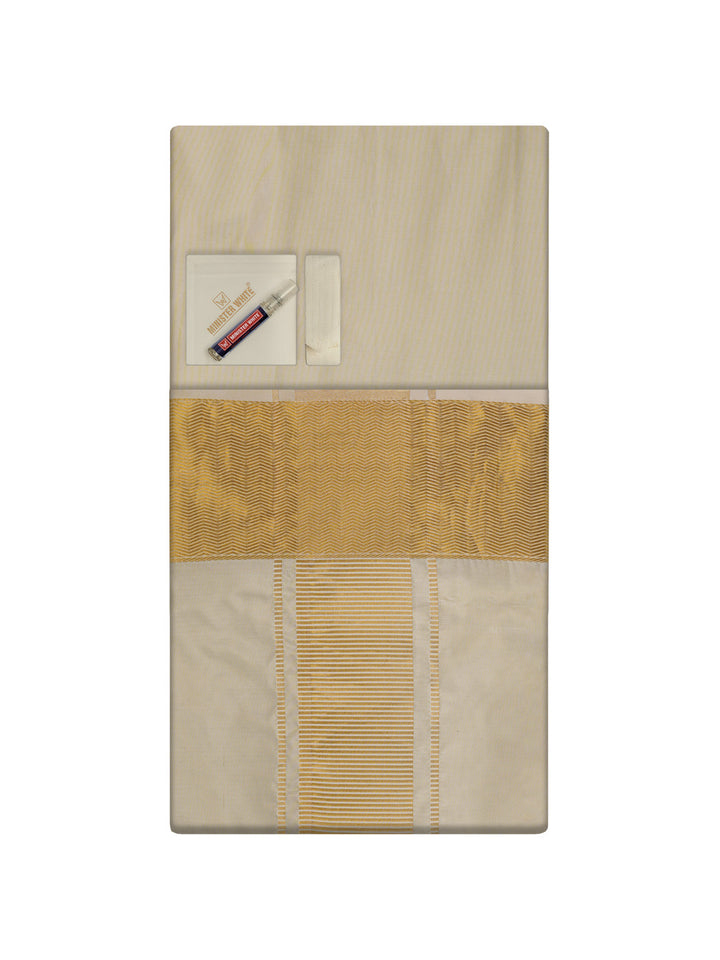 Men's Art Silk Medium Gold Jacquard Full Sleeves Shirt with 4" Gold Jari Border & Towel Dhoti Combo Mangal