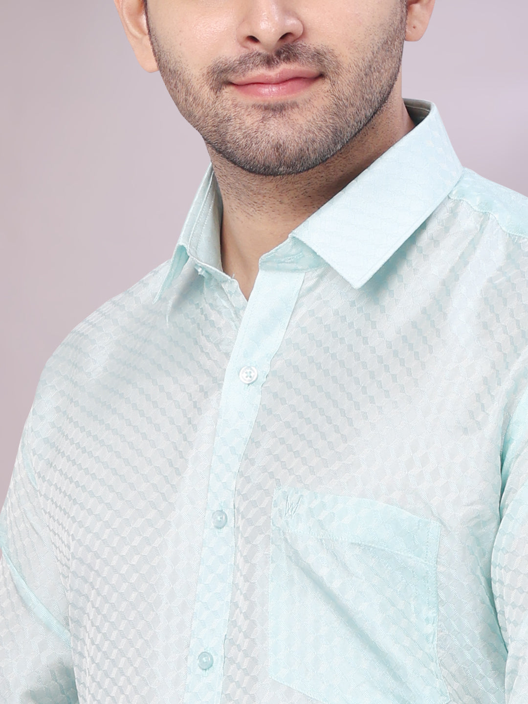 Men's Art Silk Sea Green Jacquard Full Sleeves Shirt with 2 1/2" Jari Border & Towel Dhoti Combo Nautica