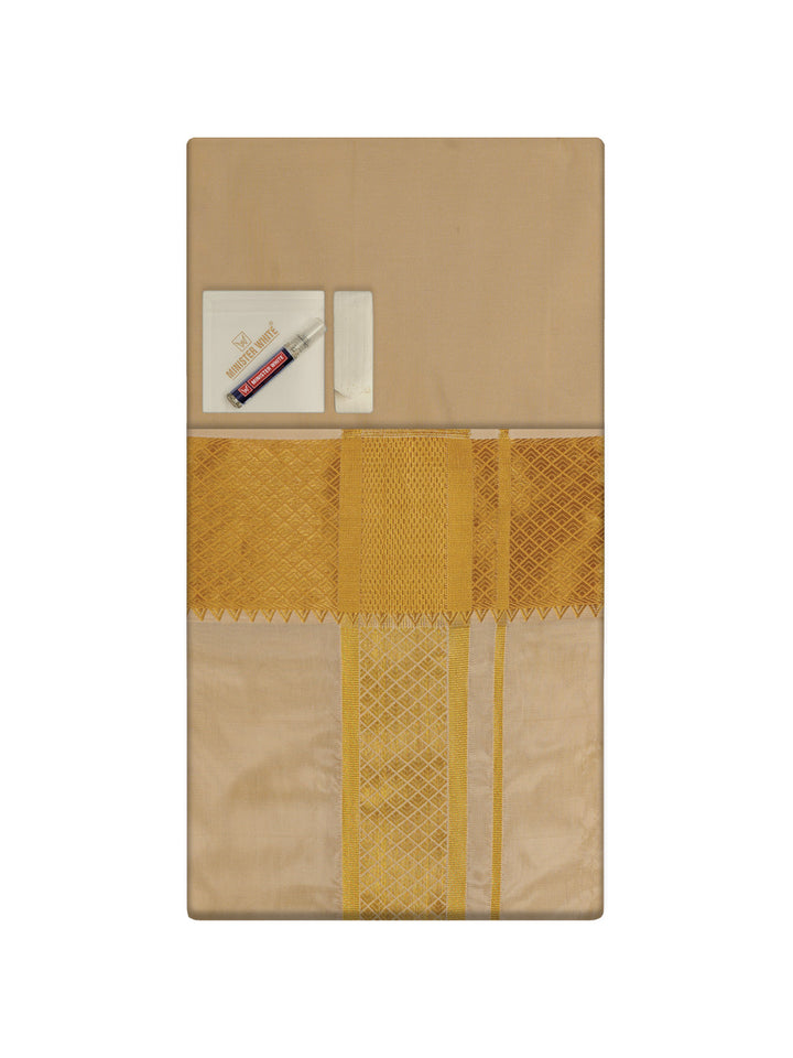 Mens Art Silk Fawn Gold Full Sleeves Shirt with 3"  Gold Jari Border & Towel Dhoti Combo Mangal