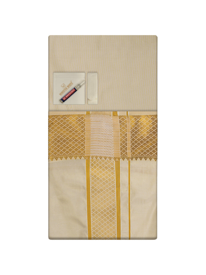 Men's Plain Art Silk Medium Gold Full Sleeves Shirt with 3"Jacquard Jari Border Flexi Dhoti Combo Mangal