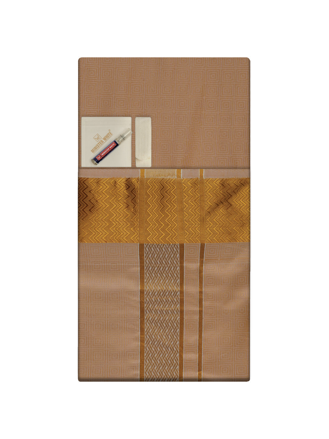 Men's Premium Art Silk Biscuit Shirt Bit with 2 1/2" Gold Jari Border Dhoti Towel Combo Sieger