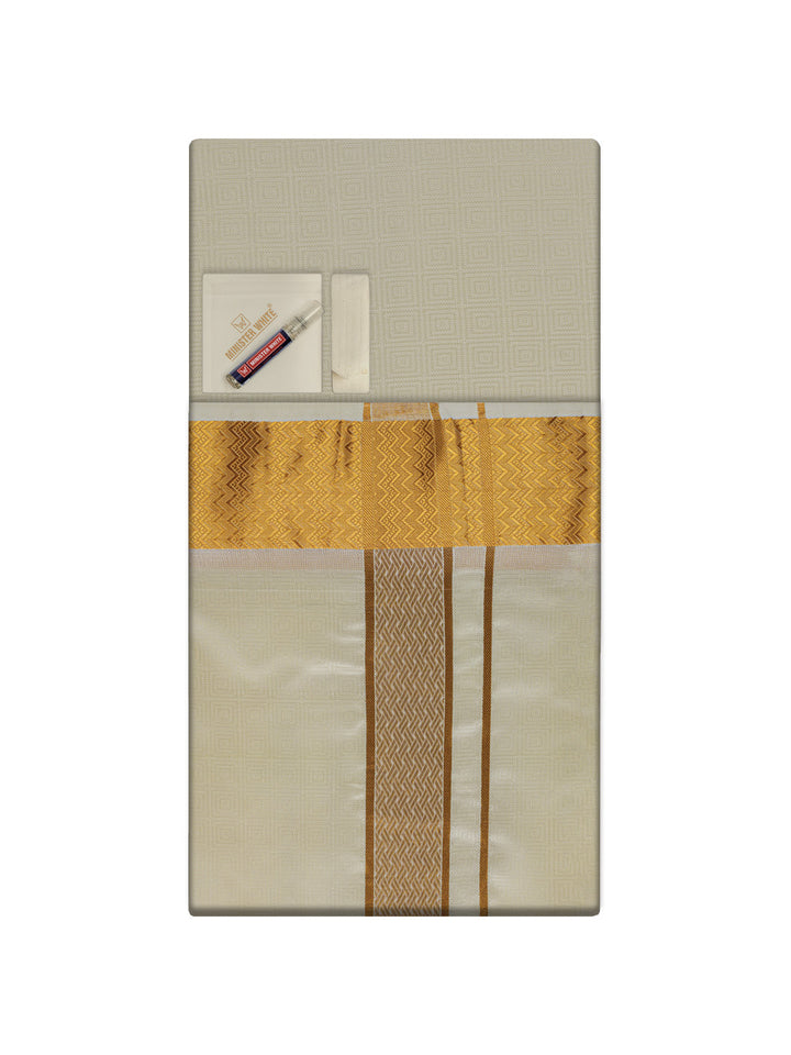 Men's Premium Art Silk Cream Shirt Bit with 2 1/2" Gold Jari Border Dhoti Towel Combo Sieger
