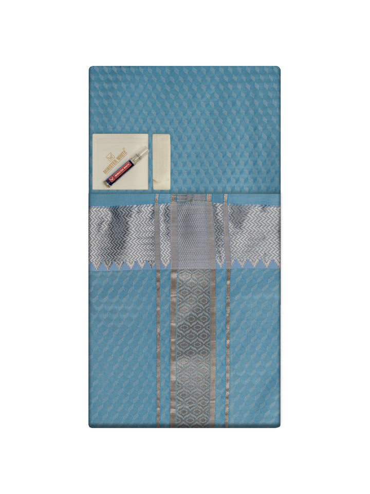 Men's Premium Art Silk Sky Blue Shirt Bit with 2 1/2" Silver Jari Border Dhoti Combo Sieger