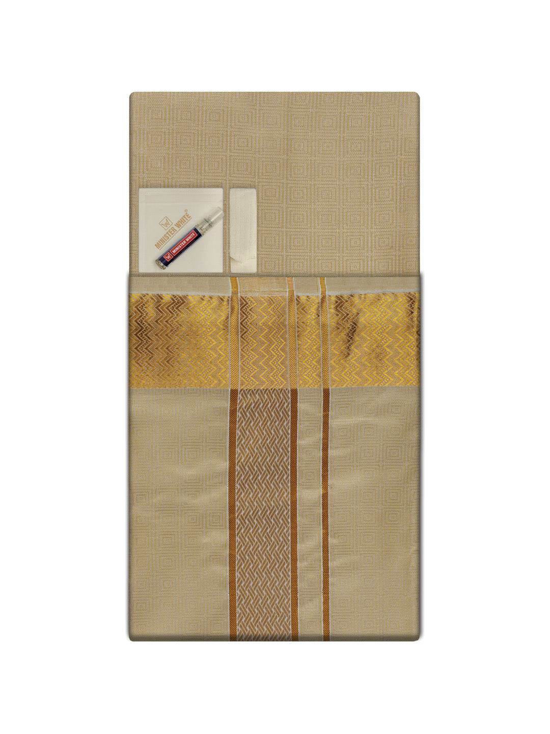Men's Premium Art Silk Fawn Shirt Bit with 2 1/2" Gold Jari Border Dhoti Towel Combo Sieger