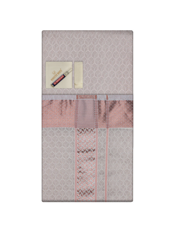 Men's Premium Art Silk Light Copper Shirt Bit with 2 1/2" Copper Jari Border Dhoti Towel Combo Sweden