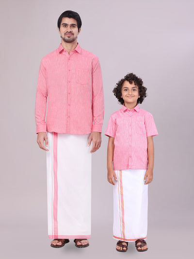 Father & Son Pink Colour Cotton Shirt with Matching Border Dhoti Combo