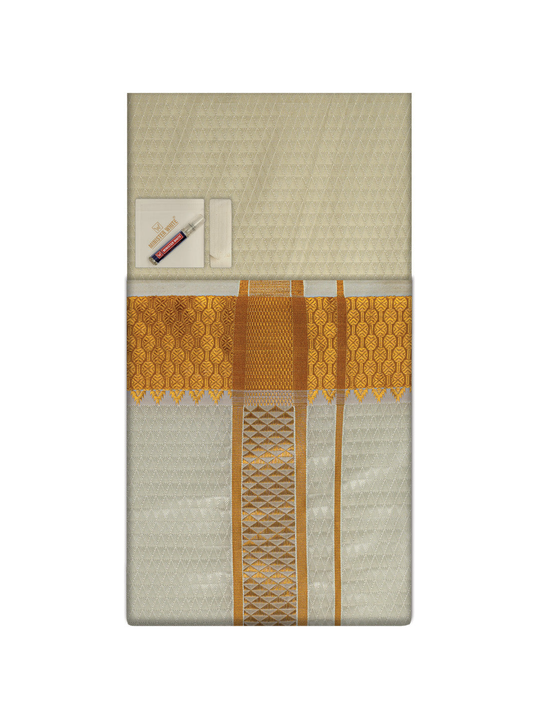 Men's Premium Art Silk Cream Shirt Bit with 2 1/2" Gold Jari Border Dhoti Towel Combo Sieger